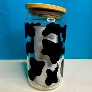 12oz glass cup with bamboo lid & straw - cow